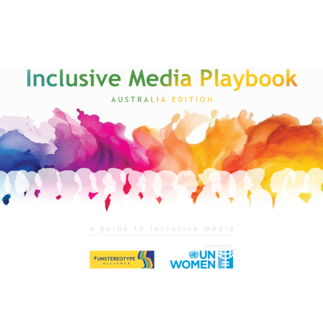 multicolored paint splashes, text reads "Inclusive Media Playbook"