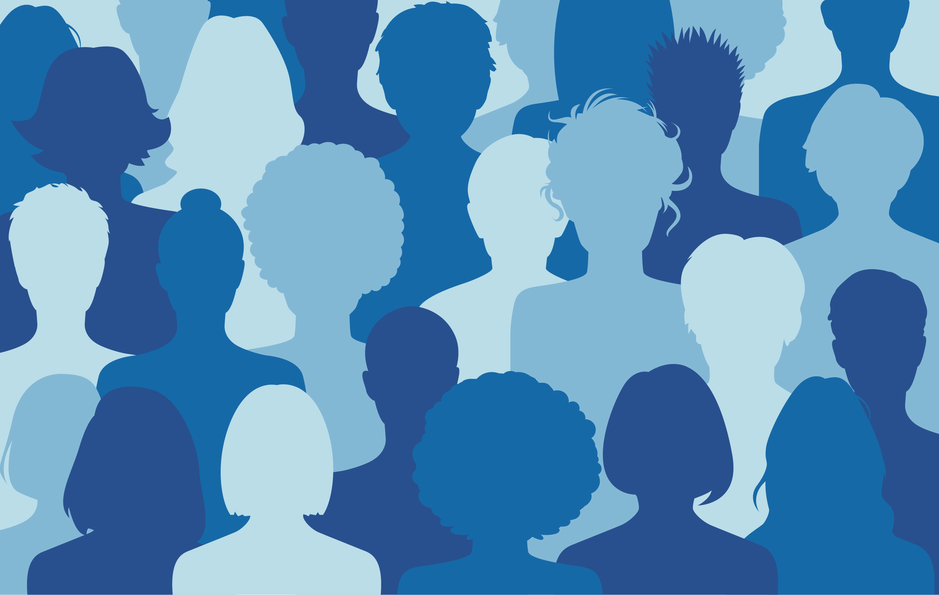 Silhouettes of many people in various shades of blue