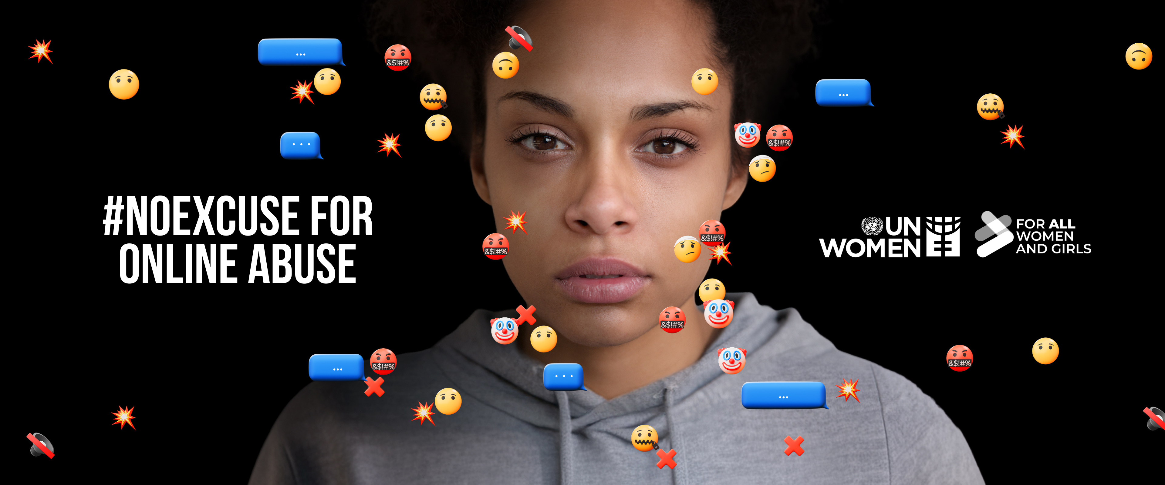 woman in center of frame looking at camera surrounded by negative emojis with text reading "no excuse for online abuse"