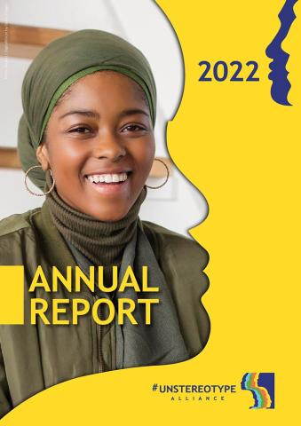 Front page of report with image of Black women in hijab smiling and Unstereotype Alliance logo